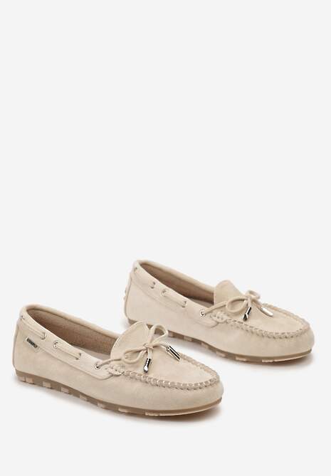 Beżowe Mokasyny Ozdobione Wiązaniami i Kokardką na Froncie Cimella