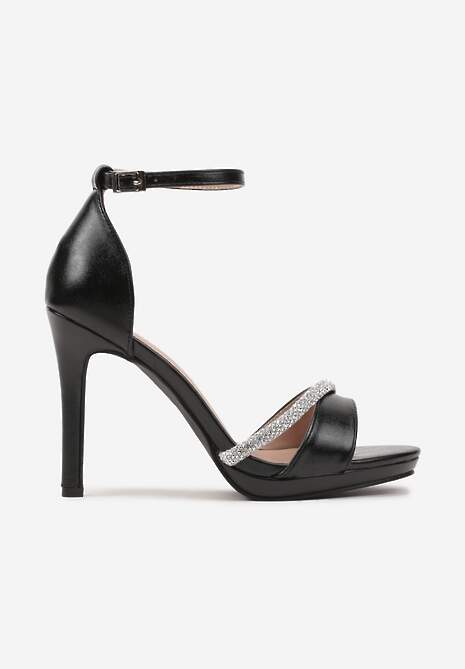 Czarne Sandały na Szpilce z Noskiem Typu Peep Toe Zdobione Cyrkoniami Bortia