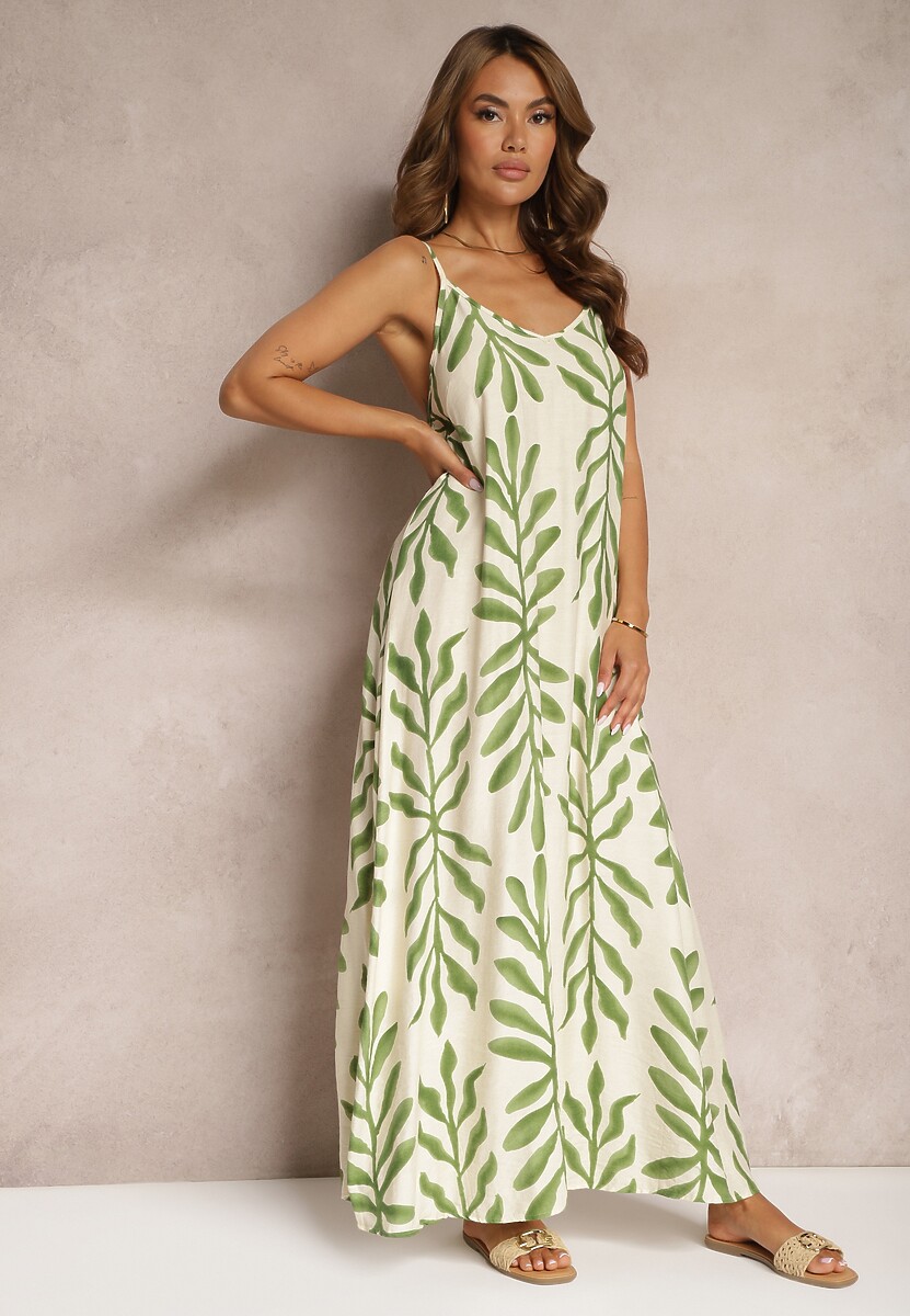 Beżowo-Zielona Wiskozowa Sukienka o Rozkloszowanym Kroju na Regulowanych Cienkich Ramiączkach Dimrrina