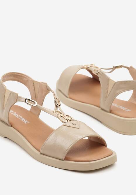 Beżowe Sandały Ozdobione Aplikacjami i Metalicznym Połyskiem Tolienne