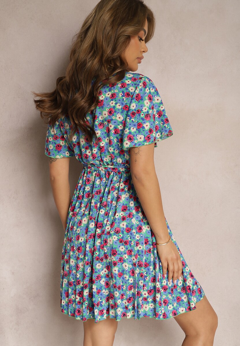 Niebieska Kopertowa Sukienka Wiązana Paskiem i Wykończona Gumką Faroena