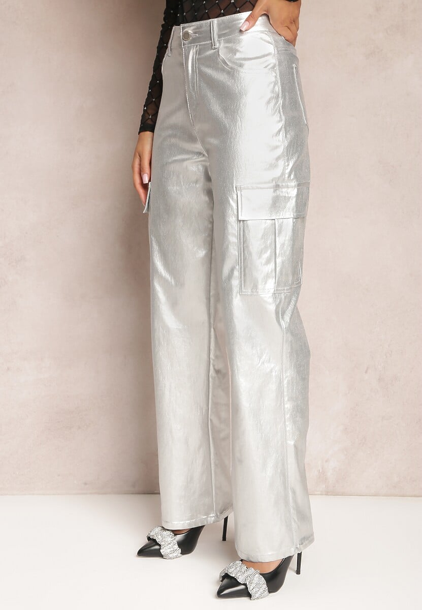 Srebrne Szerokie Spodnie Metaliczne w Stylu Bojówek Eamma