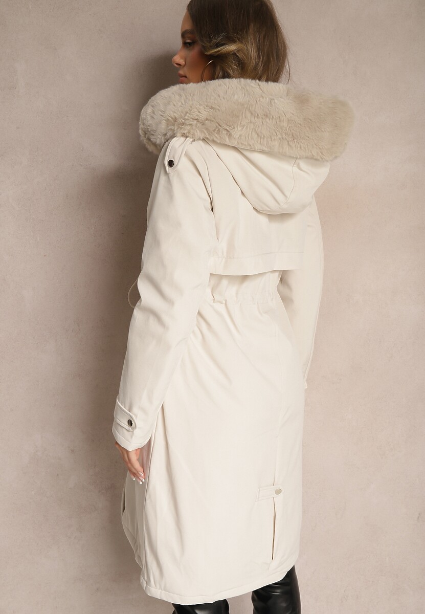 Jasnobeżowa Długa Kurtka o Fasonie Parki z Futerkiem Edelais