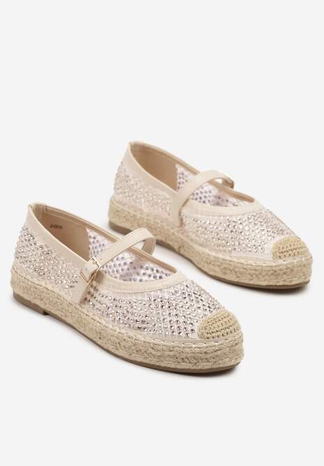 Beżowe Espadryle Ozdobione Plecionką i Ażurową Cholewką Rinelona