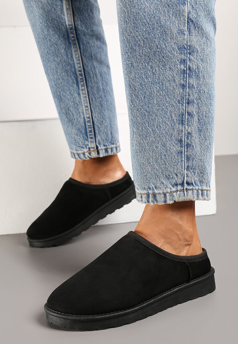 Czarne Casualowe Kapcie na Płaskiej Podeszwie z Futerkiem Peccaria