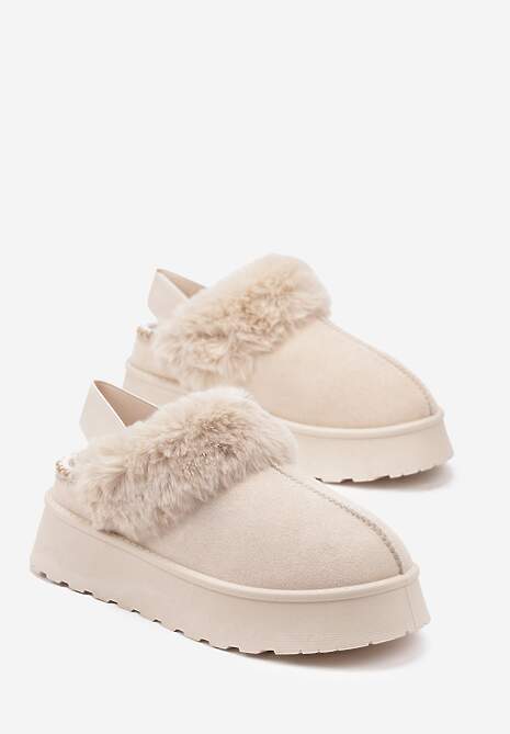 Beżowe Śniegowce na Platformie Ozdobione Futerkiem i Paskiem na Pięcie Inarine