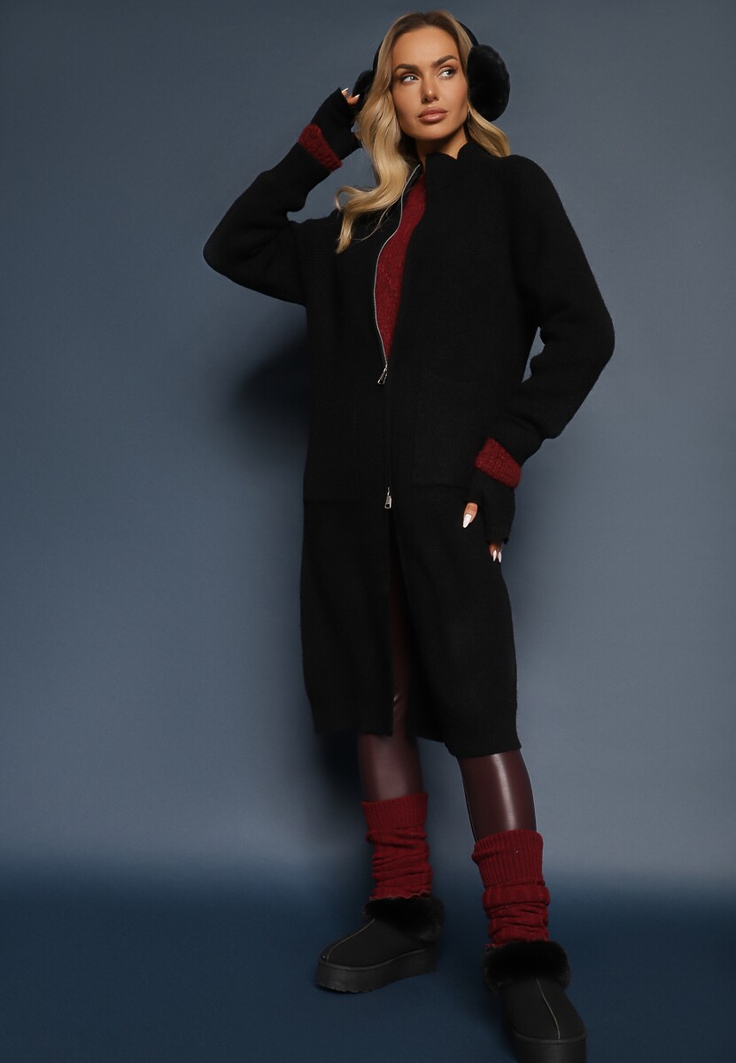 Czarny Długi Kardigan o Prostym Kroju ze Stójką z Domieszką Wełny i Zapięciem na Suwak Bonitana