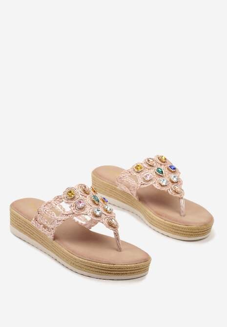 Różowe Klapki Japonki z Ażurową Plecionką i Biżuteryjnymi Kryształkami Ansidela