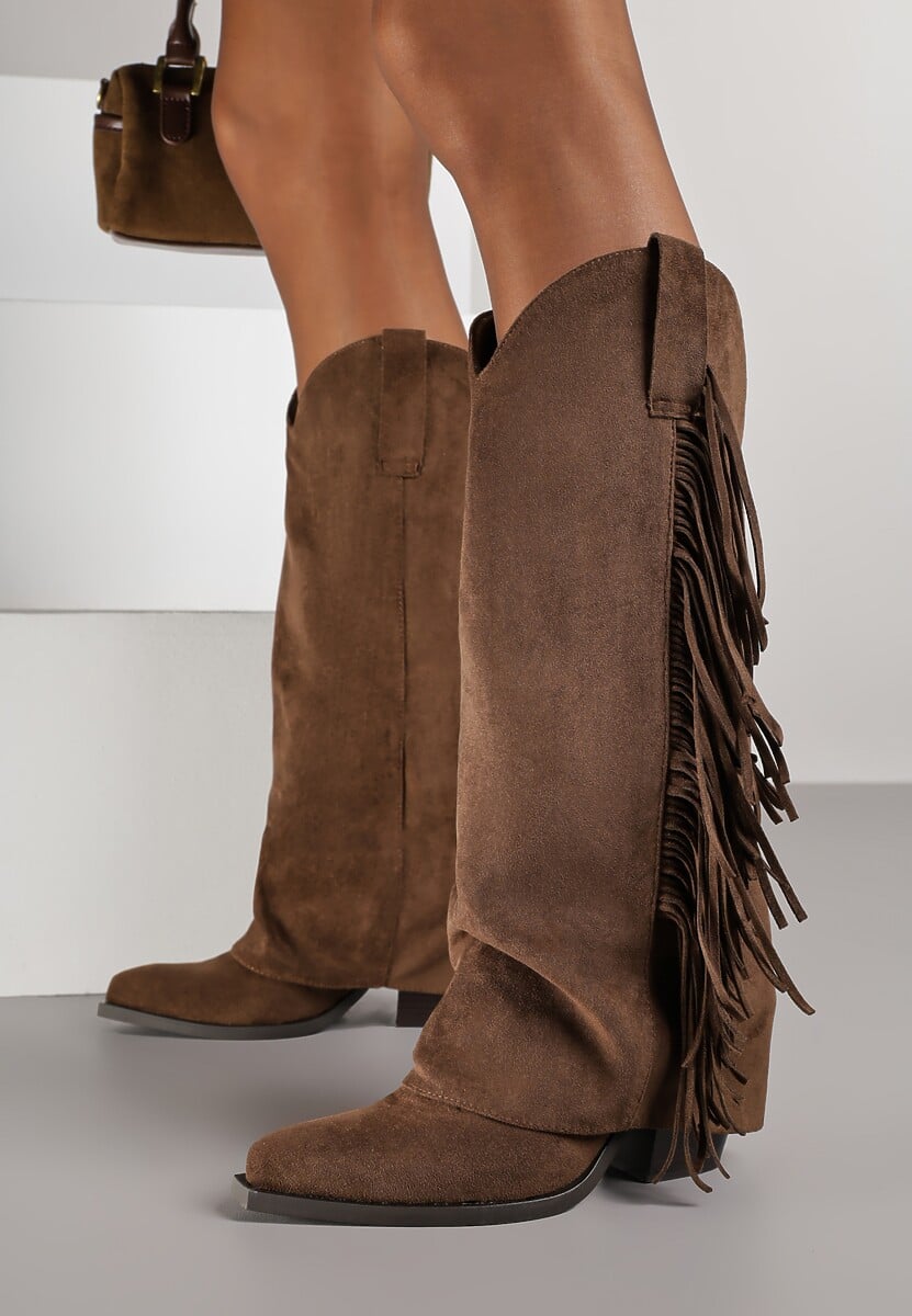 Brązowe Kozaki Kowbojki na Stożku z Cholewką Imitującą Nogawkę z Frędzlami Monettea
