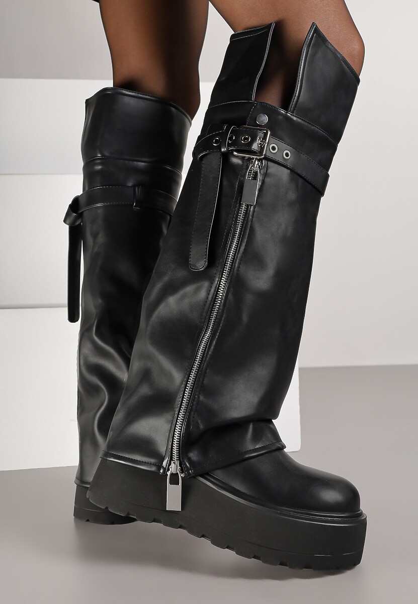 Czarne Kozaki w Stylu Grunge na Grubej Podeszwie z Wywijaną Cholewką Olentie