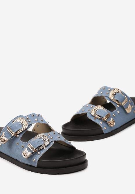 Niebieskie Klapki na Płaskiej Podeszwie z Podwójną Sprzączką i Nitami Fienella