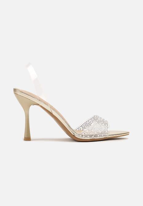 Złote Sandały Vices na Szpilce z Wkładką ze Skóry Naturalnej z Cyrkoniami Lumerelle