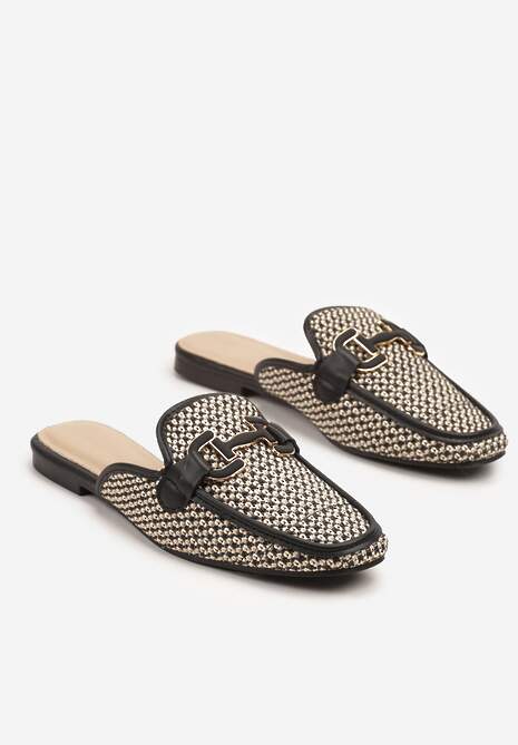 Czarne Klapki Mule Zdobione Tweedem i Elegancką Aplikacją Sonelina