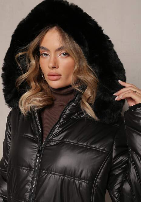 Czarna Pikowana Kurtka z Odpinanym Kapturem i Futerkiem Bellafi