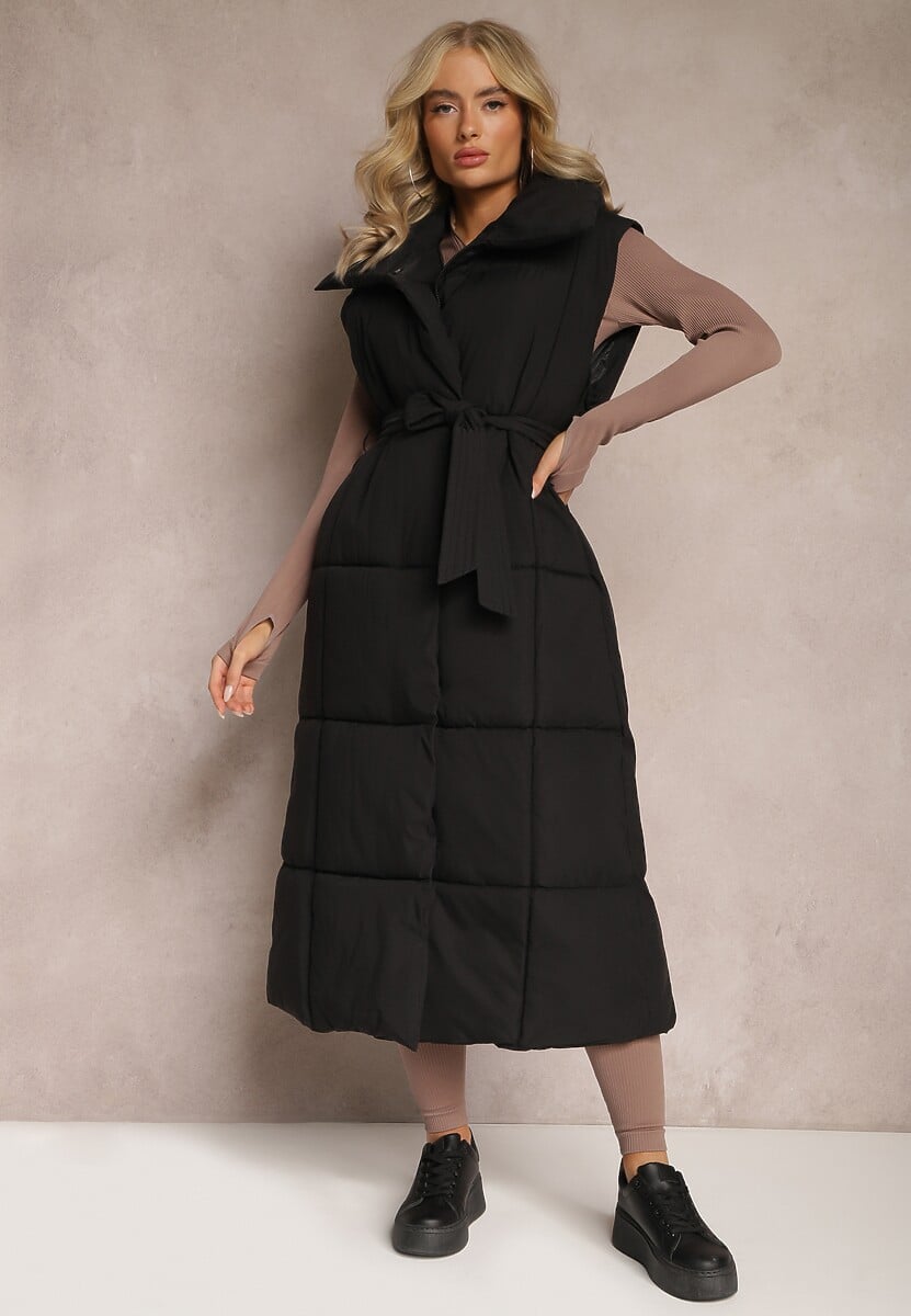 Czarna Kamizelka o Długim Fasonie Wiązanym w Pasie z Kołnierzem Umesine