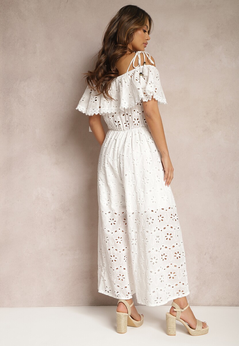 Biały Haftowany Kombinezon na Ramiączkach z Falbanką i Ażurową Wstawką Firlena