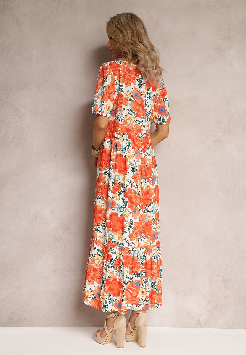 Pomarańczowa Rozkloszowana Sukienka Pudełkowa z Wiskozy Jubnon