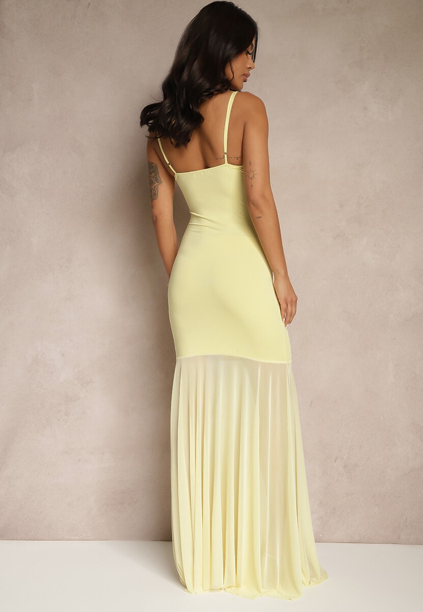 Żółta Sukienka na Ramiączkach z Wiskozą z Siateczkowym Zdobieniem Savorielle