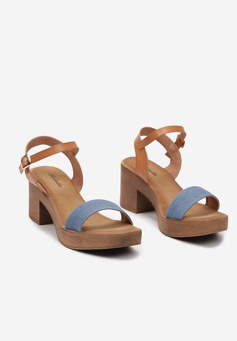 Niebieskie Sandały na Klocku z Imitacji Drewna Zapinane wokół Kostki Effique