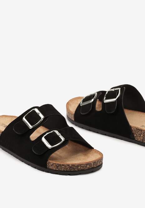 Czarne Klapki z Dwiema Sprzączkami na Korkowej Podeszwie Alathena