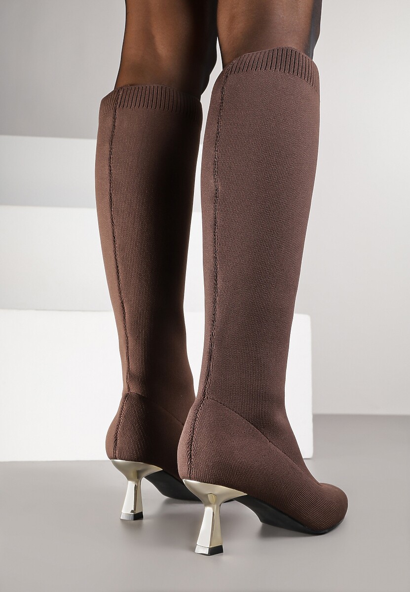 Brązowe Kozaki Vices na Kaczuszce Ozdobione Skarpetową Cholewką Asonelle