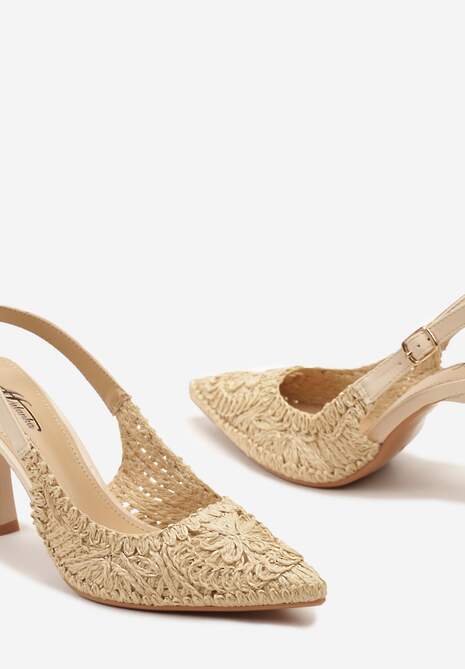 Beżowe Sandały na Szpilce Zapinane na Sprzączkę przy Kostce z Plecionką Mirava