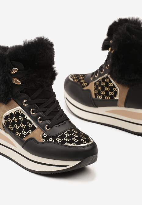 Czarne Sneakersy na Platformie z Metalicznymi Wstawkami i Futerkiem Miavora