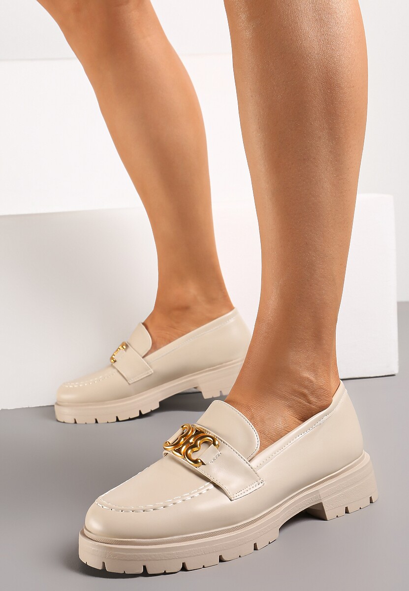 Beżowe Eleganckie Mokasyny Ozdobione Klamerką i Przeszyciem z Przodu Nastra