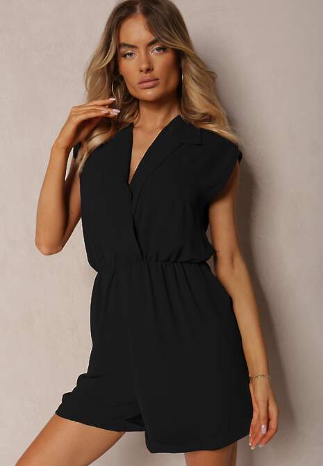 Czarny Taliowany Kombinezon z Gumką w Pasie i Kopertowym Dekoltem Nansilyne