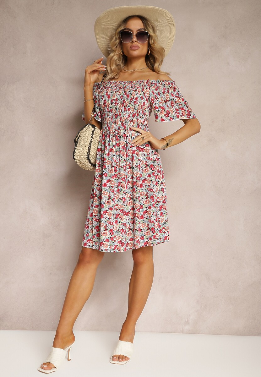 Czerwono-Zielona Kwiecista Sukienka Hiszpanka z Wiskozy z Marszczonym Dekoltem Rasemia