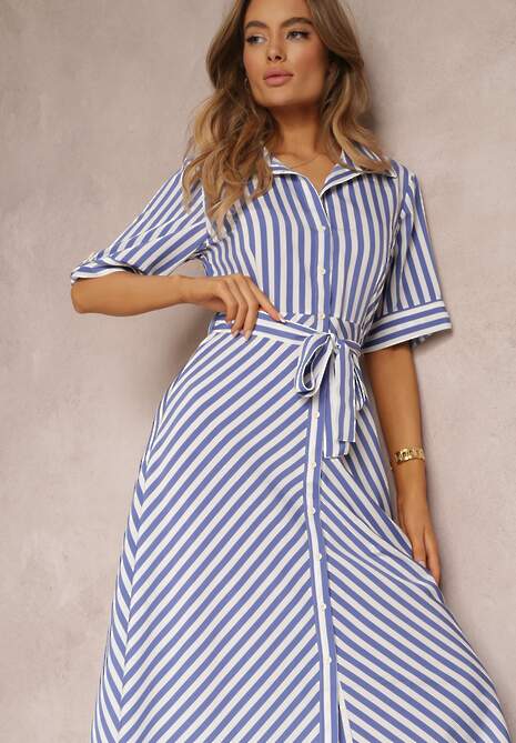 Niebieska Sukienka z Wiskozy w Paski o Koszulowym Fasonie z Wiązanym Paskiem Kimari