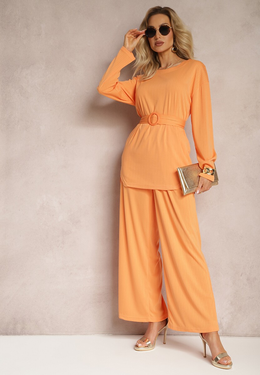 Pomarańczowy Komplet Bluzka i Spodnie z Prostymi Nogawkami i Gumką Daeirassa