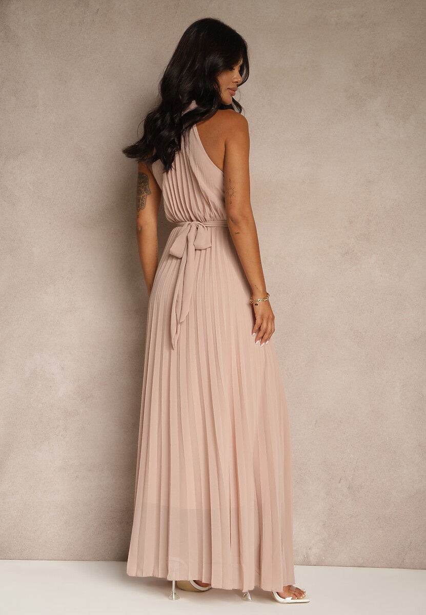 Jasnoróżowa Sukienka Maxi bez Rękawów z Gumką w Talii z Plisowanej Tkaniny Pesstia