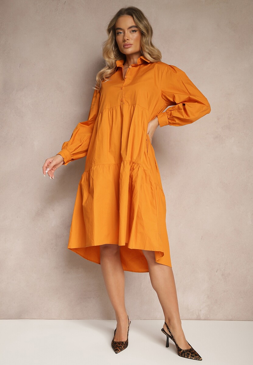 Pomarańczowa Rozkloszowana Sukienka Koszulowa z Bawełny Paniell