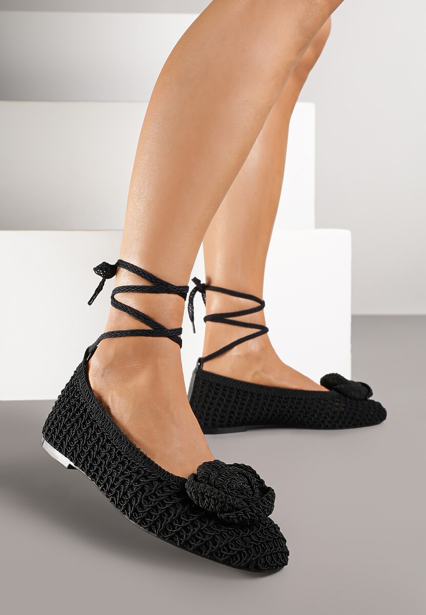 Brązowe Balerinki Vices z Plecionki Zdobione Wiązaniem i Aplikacją Erezelia