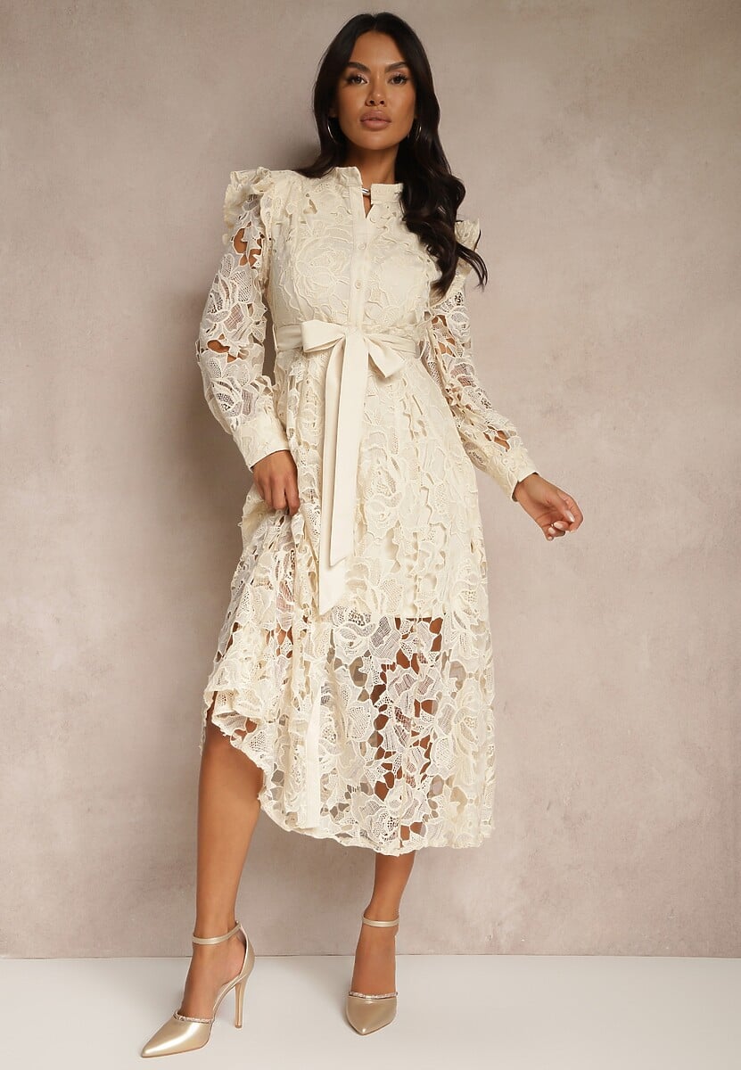 Beżowa Rozkloszowana Sukienka o Koszulowym Fasonie z Falbanką i Koronką Caramia