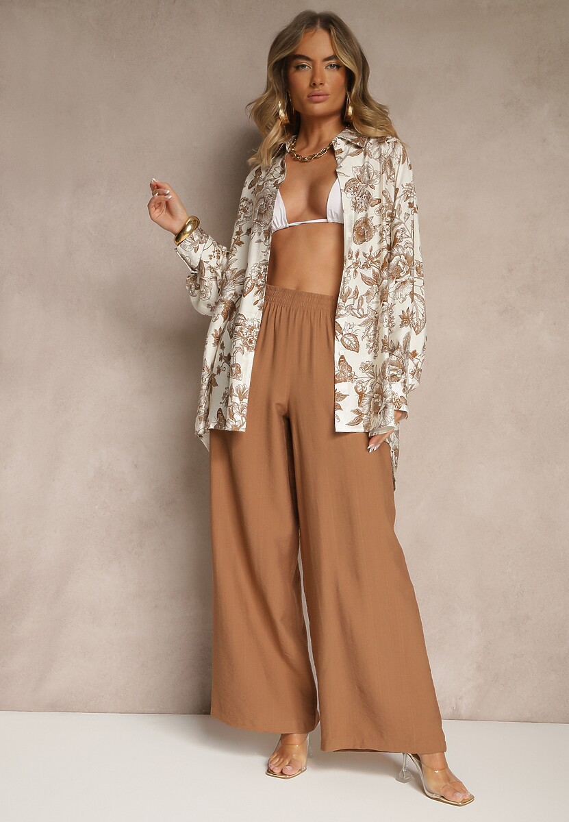 Jasnobrązowy Komplet z Wiskozy Koszula w Kwiatowy Wzór i Szerokie Spodnie Hanelorin