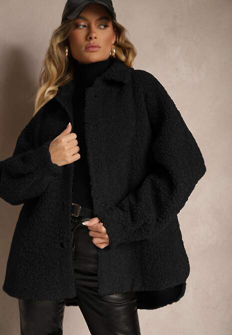 Czarna Kurtka Futrzana o Koszulowym Kroju Zapinana na Napy Venarissa