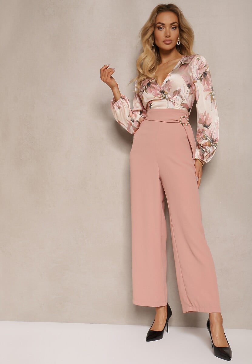 Jasnozielony Kwiatowy Kombinezon z Kopertowym Dekoltem z Paskiem i Szerokimi Nogawkami Vinia