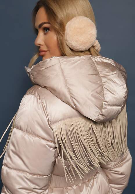 Beżowa Kurtka z Kapturem i Marszczonym Paskiem Zdobiona Frędzlami i Pikowaniem Sanathra