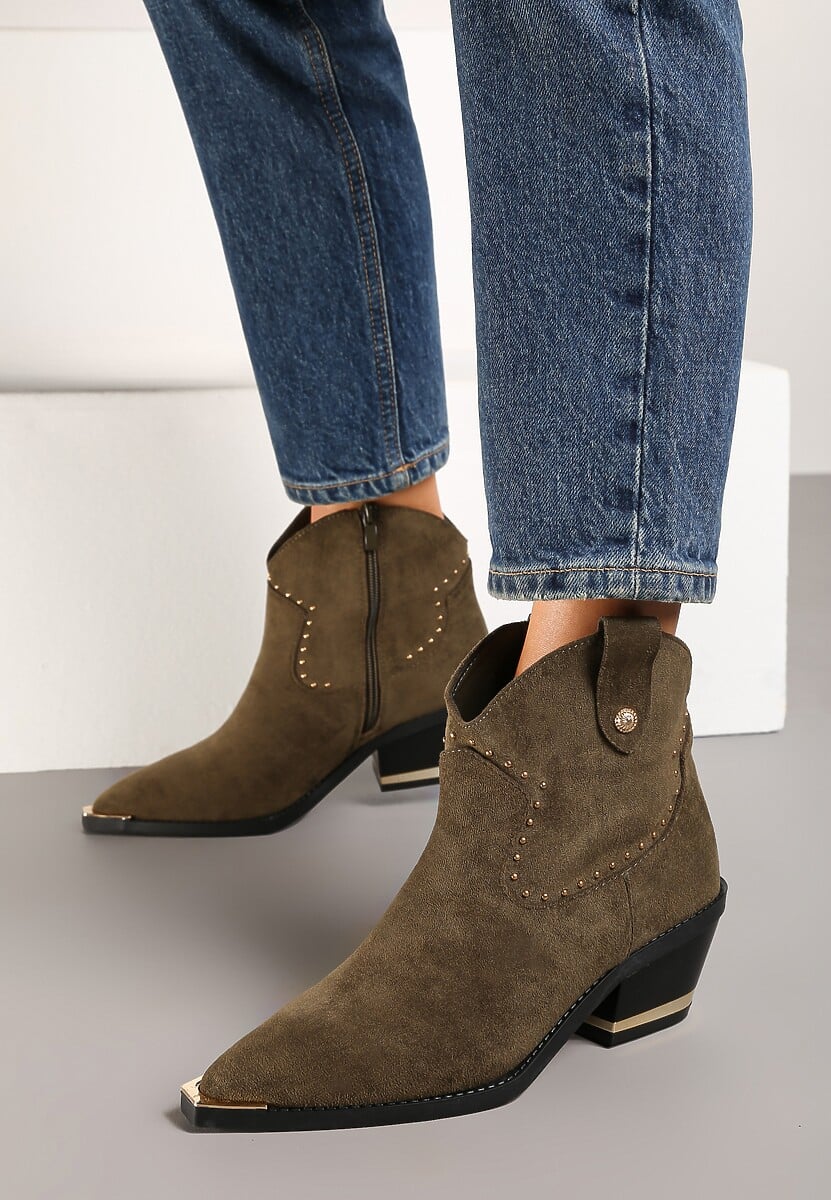 Ciemnozielone Botki Kowbojki z Ekozamszu z Niską Cholewką Zdobioną Nitami Riarosea