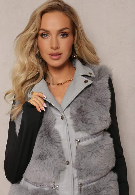 Szara Futrzana Kamizelka z Ozdobnymi Suwakami Sittame
