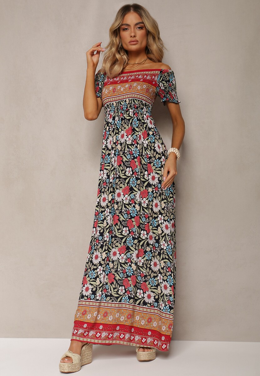 Czarno-Czerwona Sukienka z Hiszpańskim Dekoltem z Bawełny w Kwiaty Jenefera