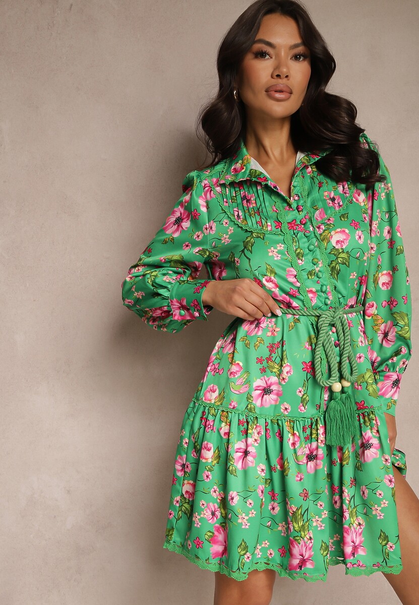 Zielona Rozkloszowana Sukienka z Koronkowymi Wstawkami i Sznurkiem Payten