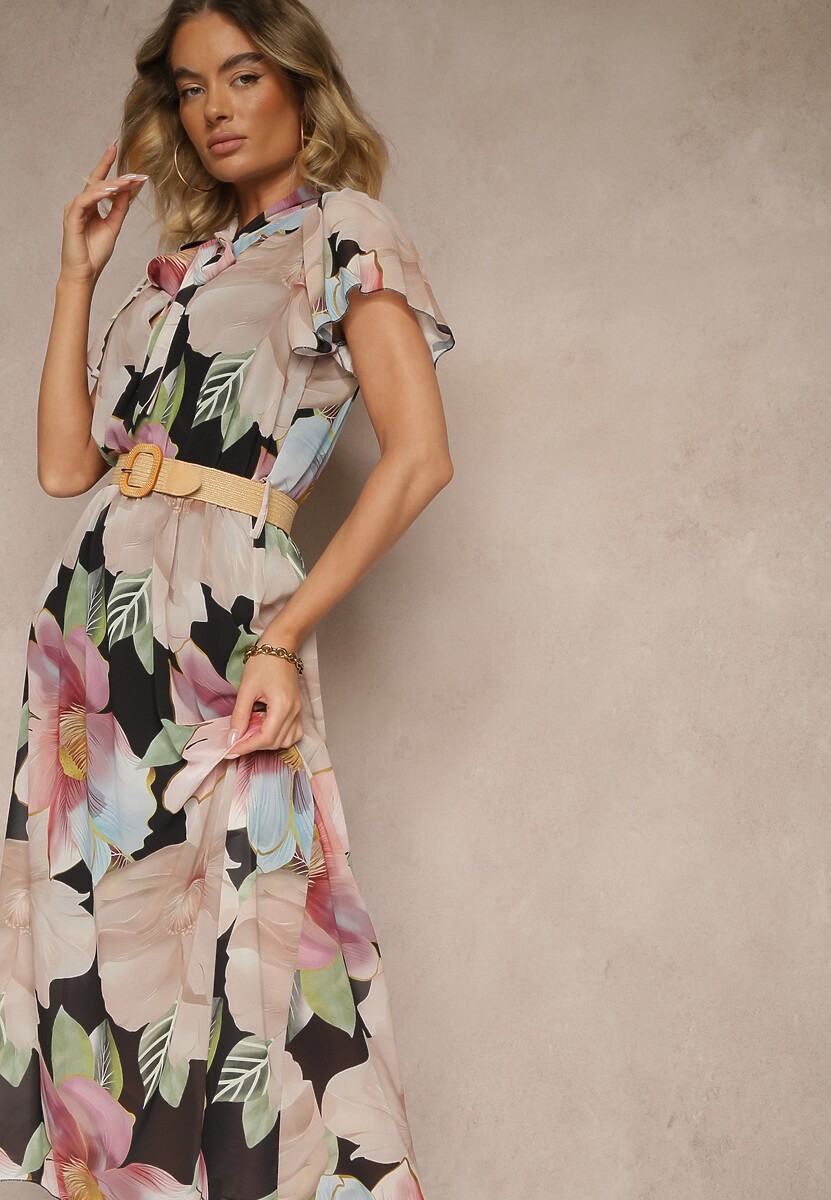 Żółta Rozkloszowana Sukienka Zdobiona Wiązaniem i Paskiem z Klamrą Sorisse