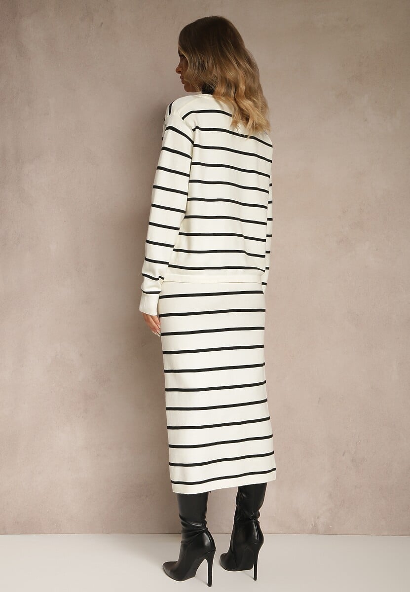 Jasnobeżowy Komplet z Wiskozą Spódnica i Bluzka z Guzikami Ozdobione Paskami Forrive