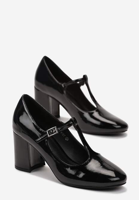 Czarne Lakierowane Czółenka na Słupku z Cienkimi Paskami Obafe