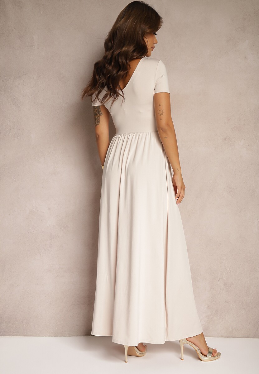 Jasnobeżowa Sukienka Maxi z Rozkloszowanym Dołem i Rozcięciem Zarya