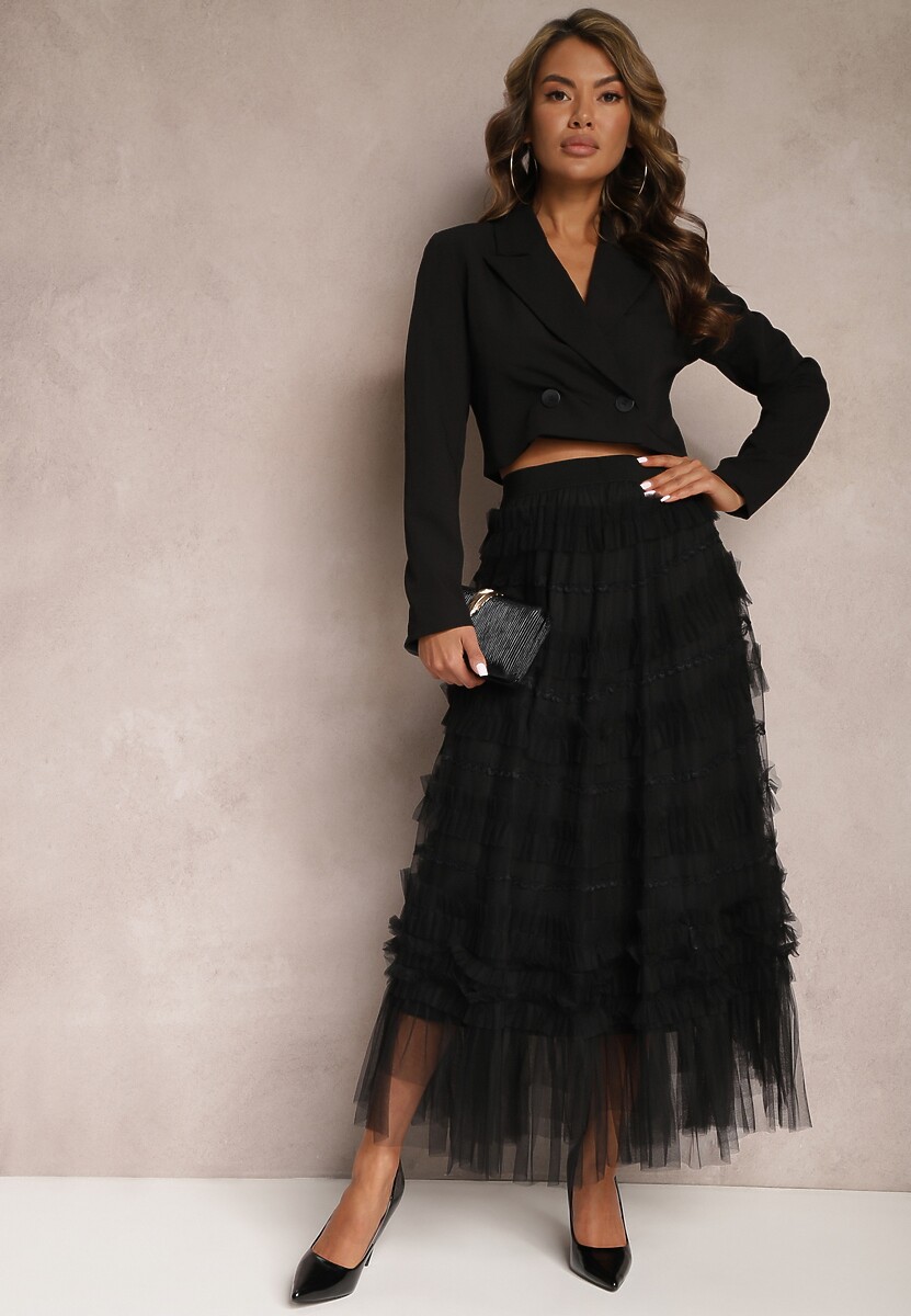 Czarna Rozkloszowana Spódnica Maxi Zdobiona Falbankami z Tiulu z Gumką w Pasie Remina