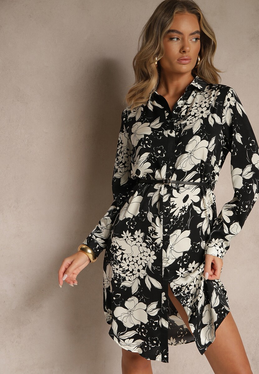 Czarno-Czerwona Wzorzysta Sukienka z Wiskozą o Koszulowym Kroju z Paskiem Ninnoria